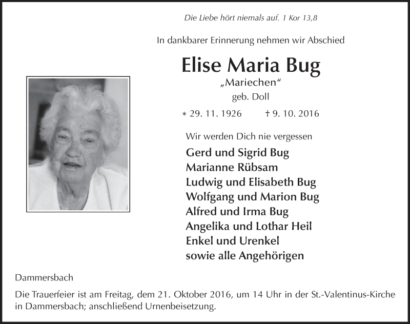  Traueranzeige für Elise Maria Bug vom 19.10.2016 aus 