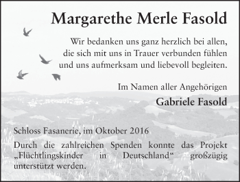 Traueranzeige von Margarethe Merle Fasold 