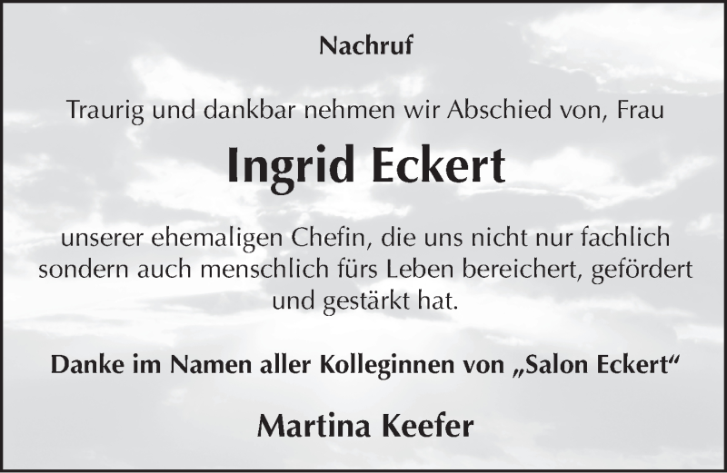  Traueranzeige für Ingrid Eckert vom 06.10.2016 aus 