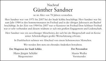 Traueranzeige von Günther Sandner 