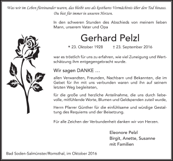 Traueranzeige von Gerhard Pelzl 