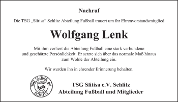 Traueranzeige von Wolfgang Lenk 