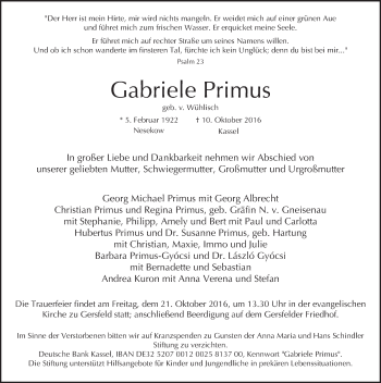 Traueranzeige von Gabriele Primus 