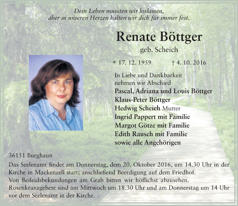  Traueranzeige für Renate Böttger vom 19.10.2016 aus 