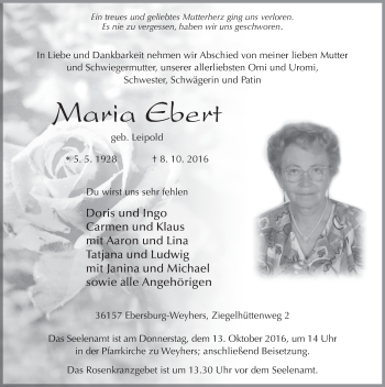 Traueranzeige von Maria Ebert 