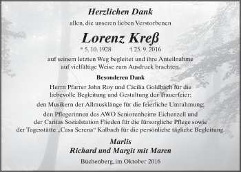 Traueranzeige von Lorenz Kreß 