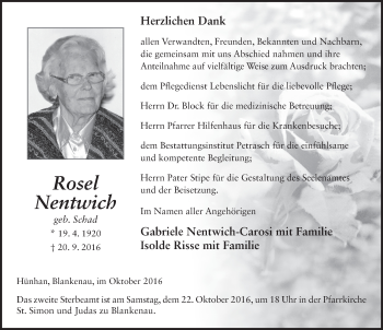Traueranzeige von Rosel Nentwich 