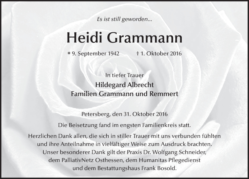  Traueranzeige für Heidi Grammann vom 31.10.2016 aus 