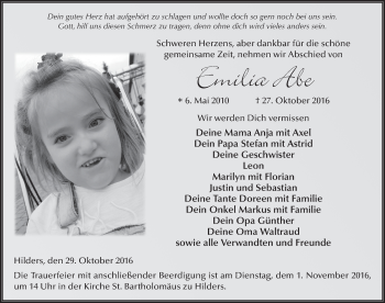 Traueranzeige von Emilia Abe 