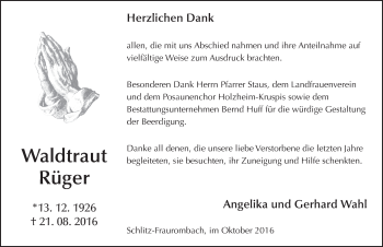 Traueranzeige von Waldtraut Rüger 