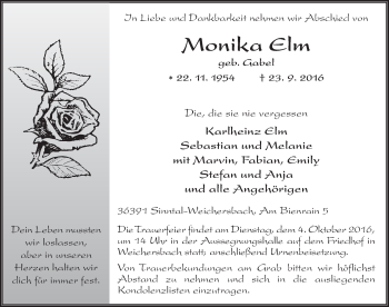 Traueranzeige von Monika Elm 