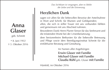 Traueranzeige von Anna Glaser 