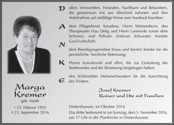 Traueranzeige von Marga Kremer 