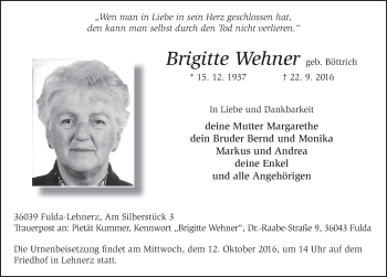 Traueranzeige von Brigitte Wehner 