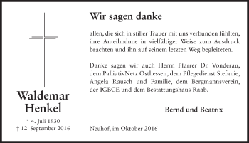 Traueranzeige von Waldemar Henkel 