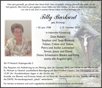 Traueranzeige von Tilly Burkard 
