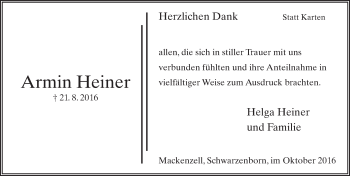 Traueranzeige von Armin Heiner 