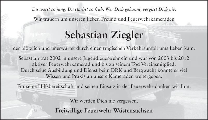  Traueranzeige für Sebastian Ziegler vom 08.10.2016 aus 