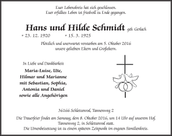 Traueranzeige von Hans und Hilde Schmidt 