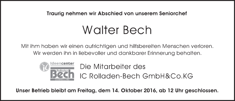  Traueranzeige für Walter Bech vom 12.10.2016 aus 