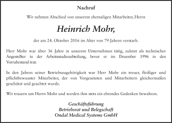 Traueranzeige von Heinrich Mohr 