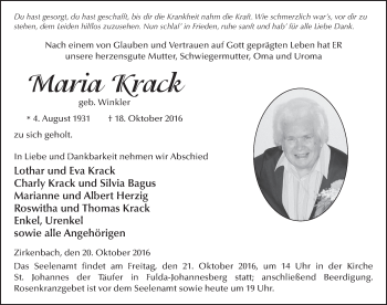 Traueranzeige von Maria Krack 