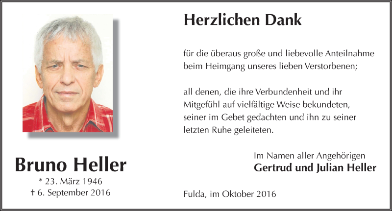  Traueranzeige für Bruno Heller vom 08.10.2016 aus 