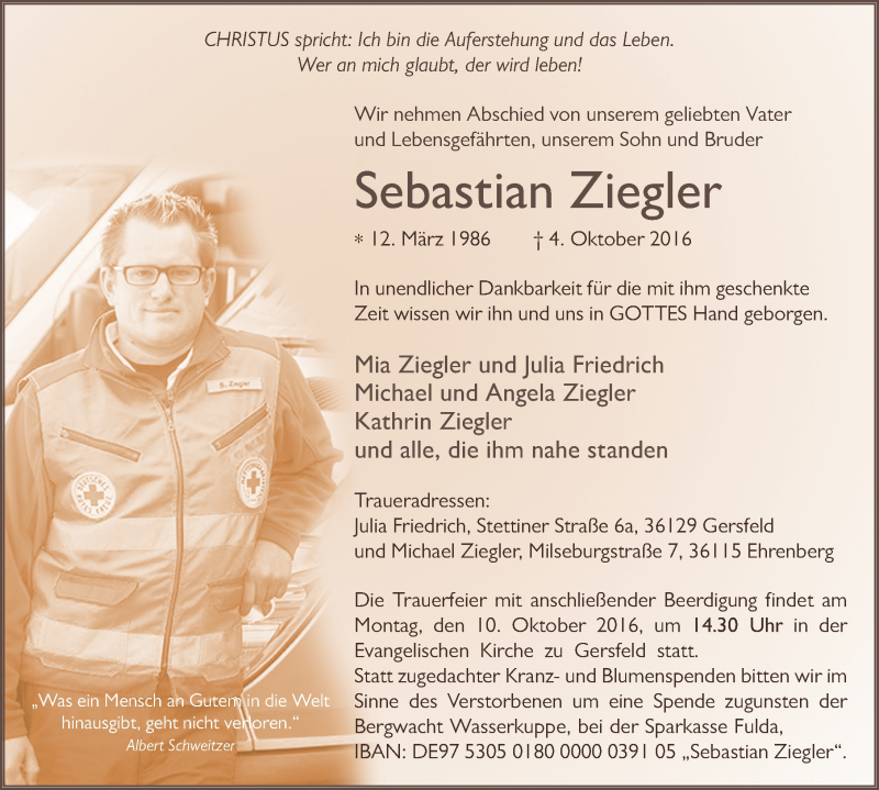  Traueranzeige für Sebastian Ziegler vom 07.10.2016 aus 