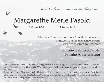 Traueranzeige von Margarethe Merle Fasold 
