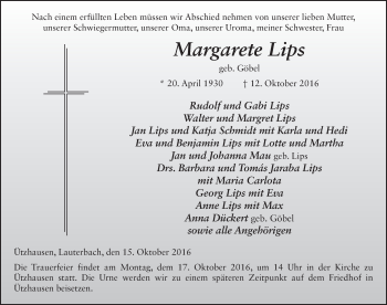 Traueranzeige von Margarete Lips 