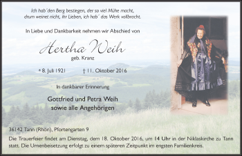 Traueranzeige von Hertha Weih 