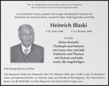 Traueranzeige von Heinrich Blaski 