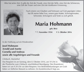 Traueranzeige von Maria Hohmann 