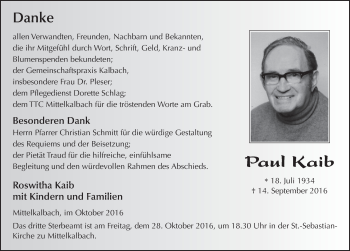 Traueranzeige von Paul Kaib 