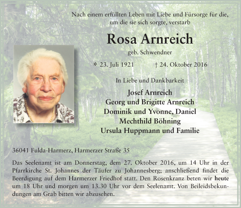  Traueranzeige für Rosa Arnreich vom 26.10.2016 aus 