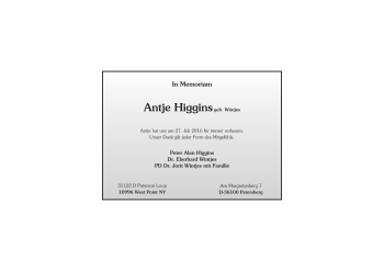 Traueranzeige von Antje Higgins 