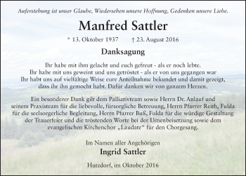 Traueranzeige von Manfred Sattler 