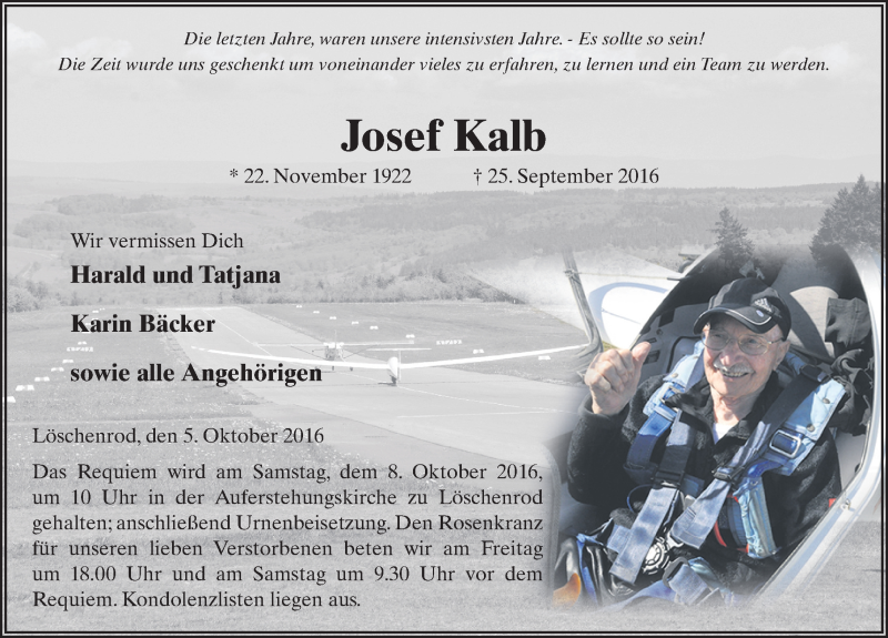  Traueranzeige für Josef Kalb vom 05.10.2016 aus 