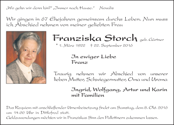 Traueranzeige von Franziska Storch 