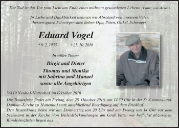 Traueranzeige von Eduard Vogel 