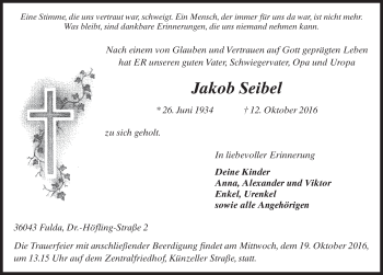 Traueranzeige von Jakob Seibel 