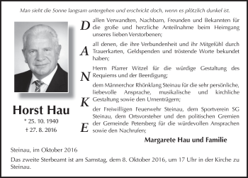 Traueranzeige von Horst Hau 