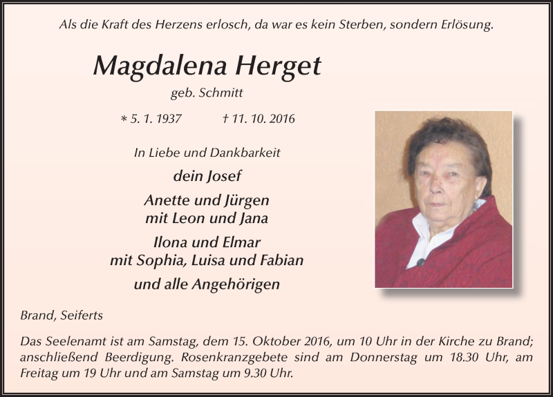  Traueranzeige für Magdalena Herget vom 13.10.2016 aus 