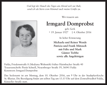 Traueranzeige von Irmgard Domprobst 