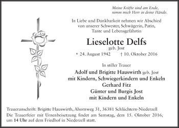 Traueranzeige von Lieselotte Delfs 