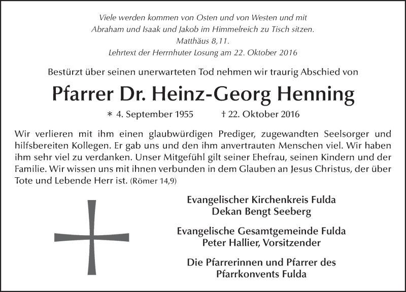  Traueranzeige für Heinz-Georg Henning vom 29.10.2016 aus 