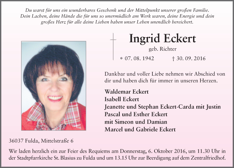  Traueranzeige für Ingrid Eckert vom 04.10.2016 aus 