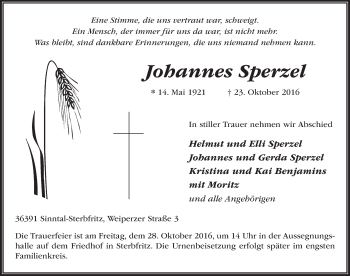 Traueranzeige von Johannes Sperzel 