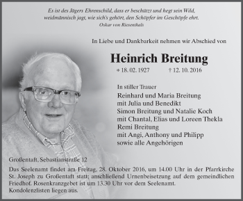 Traueranzeige von Heinrich Breitung 