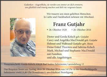 Traueranzeige von Franz Gutjahr 
